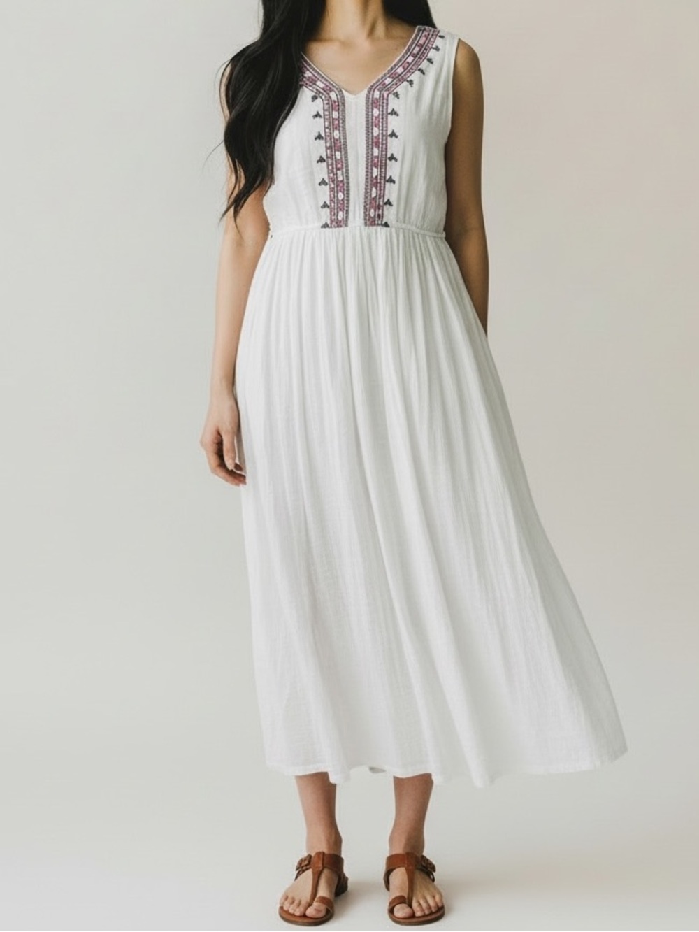 Coco Cabana White Sleeveless Embroidered Midi Dress - Boho Summer Style